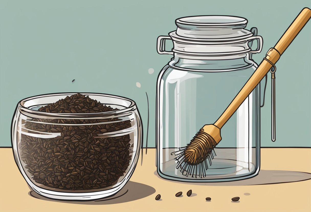 A clear glass bowl holds flaxseed gel and black tea. A small whisk sits beside it, ready for mixing. Text reads "27 Best DIY Homemade Natural Eyeliner Recipes."