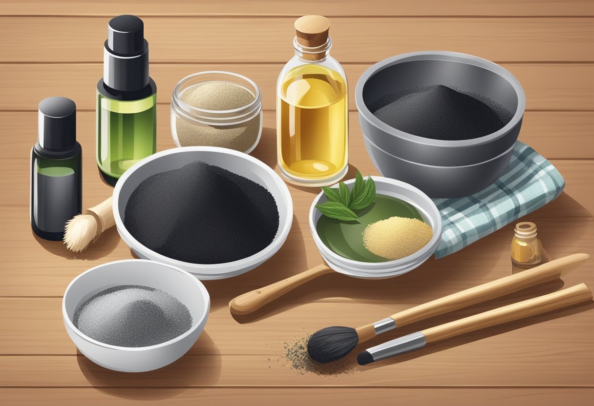 A small bowl of powdered bamboo charcoal and a bottle of sesame oil sit on a wooden table, surrounded by various ingredients and tools for making homemade natural eyeliner
