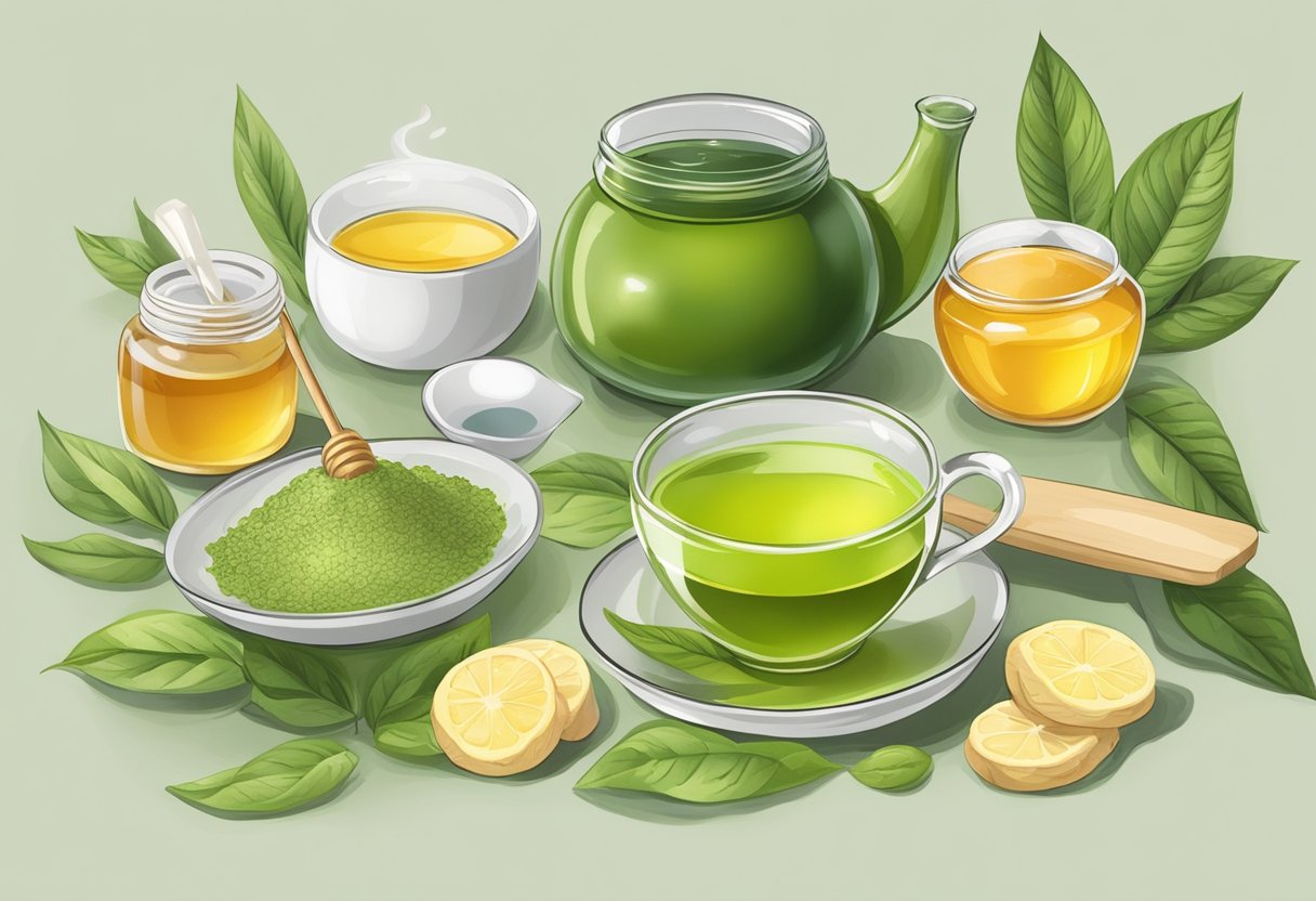 A table with green tea and honey, eye masks, and DIY ingredients for reducing eye bags