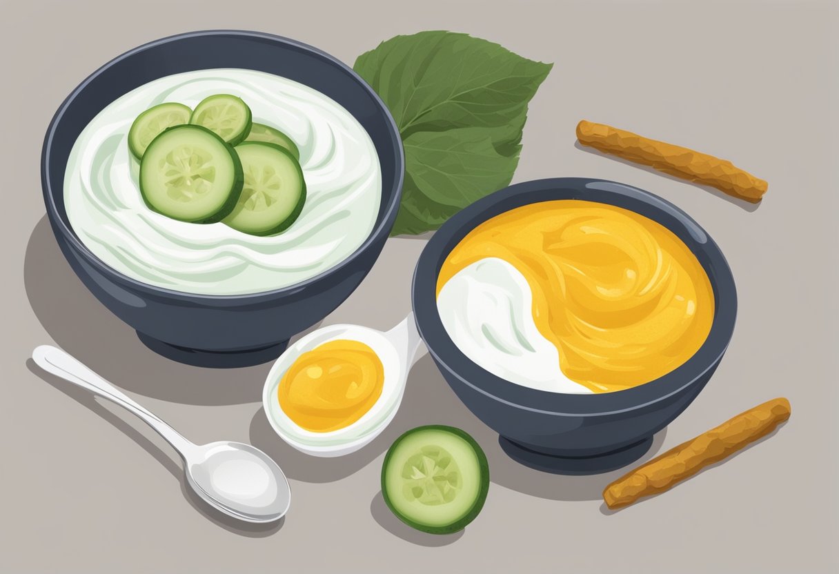 A bowl of yogurt and turmeric sits next to a spoon, with a cloth eye mask and cucumber slices nearby