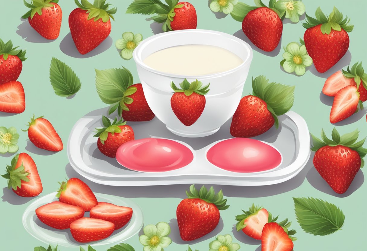 A soothing eye mask surrounded by fresh strawberries and a bowl of creamy hydrating mixture