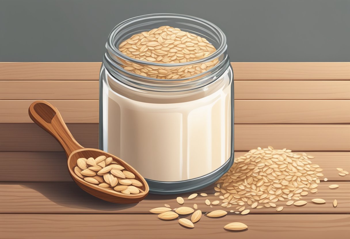 A glass jar filled with almond milk and oats sits on a wooden table. A soothing eye mask is placed next to it, surrounded by scattered oats