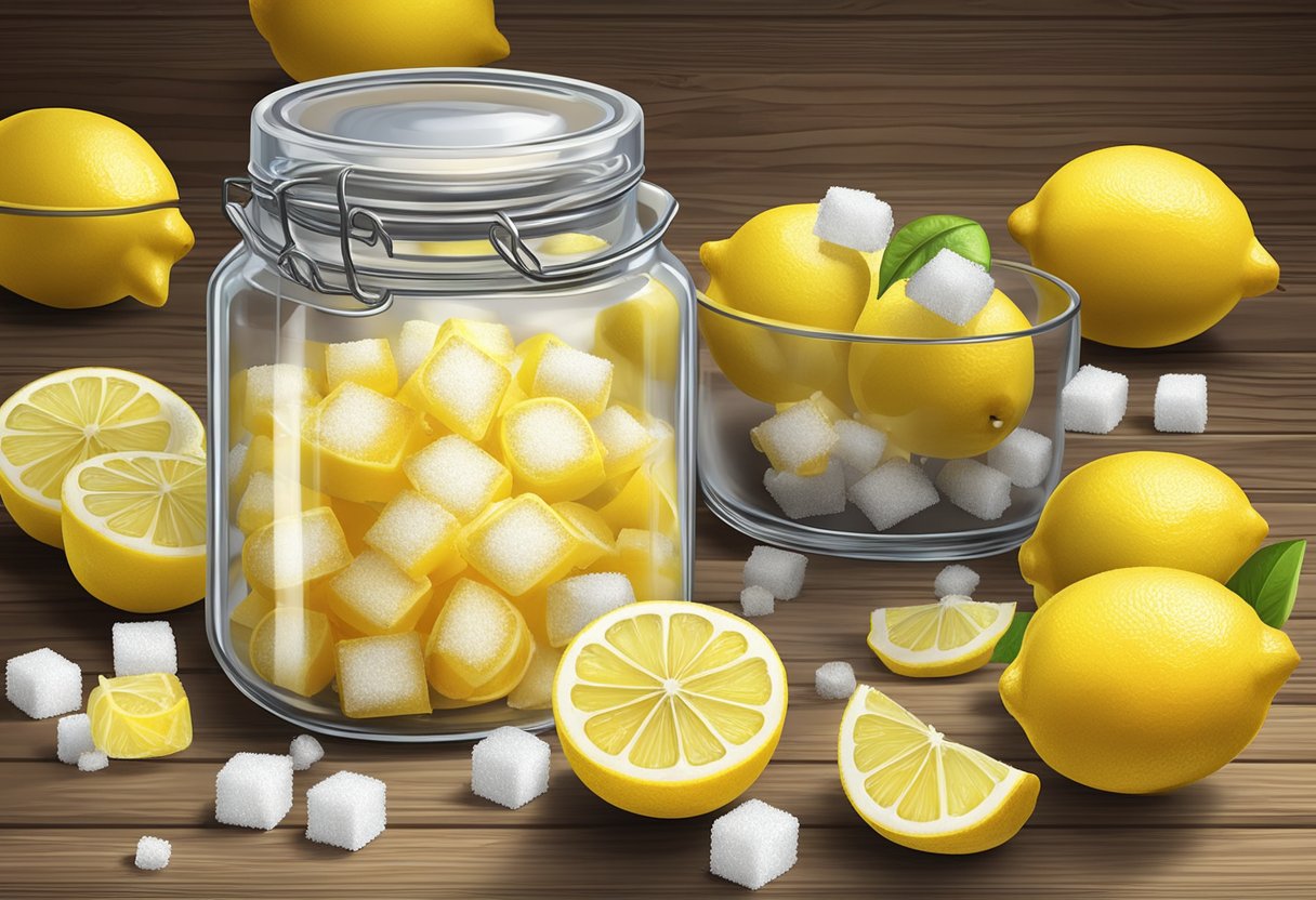 A clear glass jar filled with lemon zest and sugar, surrounded by fresh lemons and sugar cubes on a wooden table
