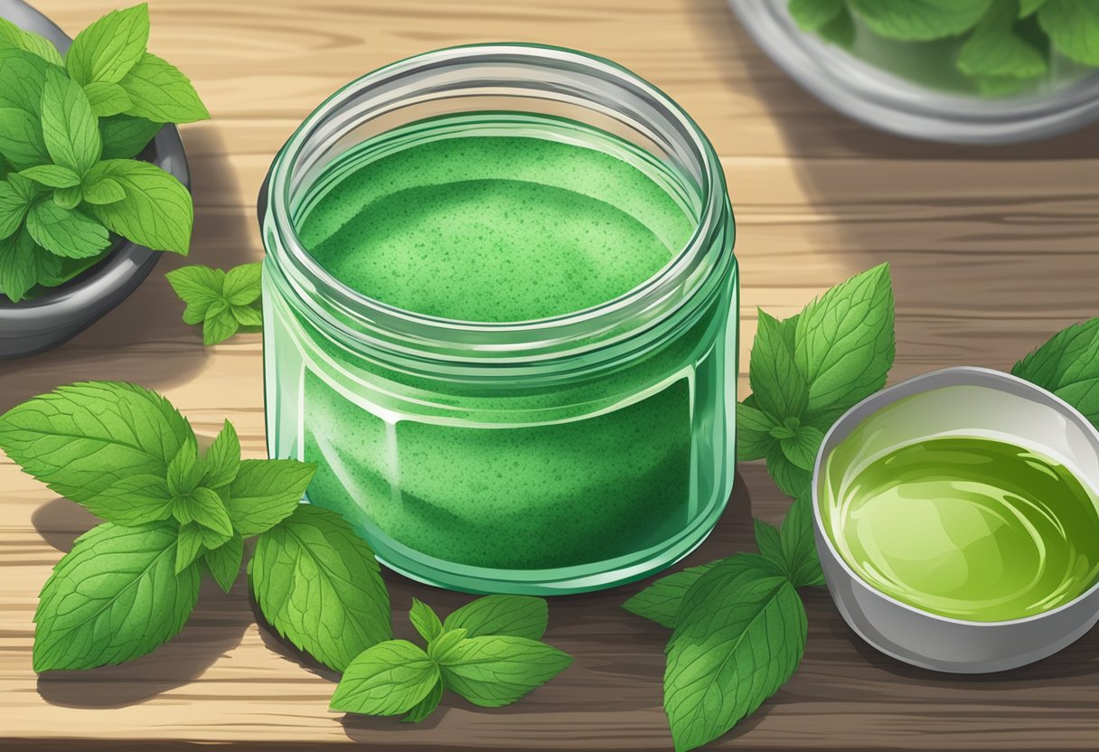 A glass jar filled with mint and green tea sugar scrub sits on a wooden table, surrounded by fresh mint leaves and loose green tea leaves