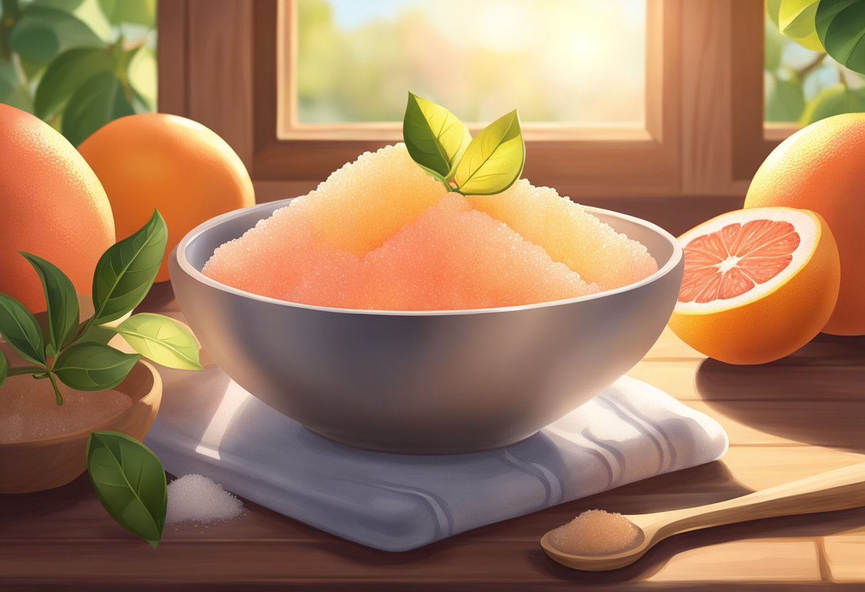 A bowl of grapefruit and sugar scrub sits on a wooden table, surrounded by fresh grapefruits and sugar. The sunlight streams in, casting a warm glow on the ingredients