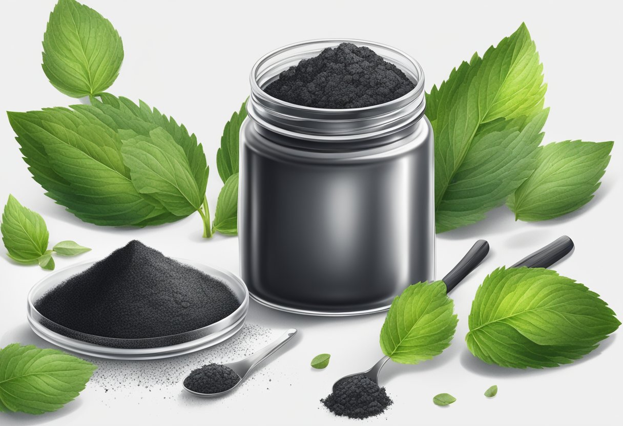 A jar of peppermint and charcoal scrub surrounded by sugar, peppermint leaves, and charcoal powder on a clean white surface
