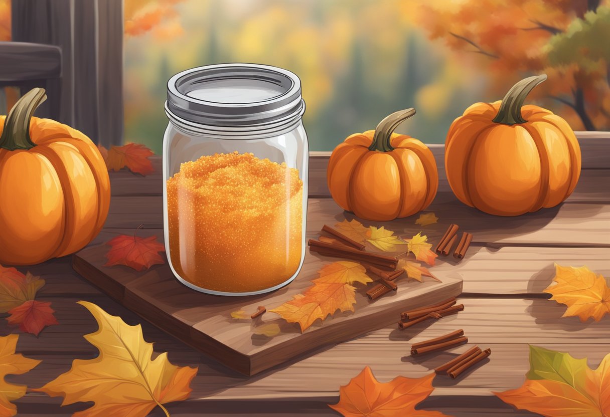 A mason jar filled with pumpkin spice and sugar scrub sits on a wooden table surrounded by autumn leaves and a cozy scarf