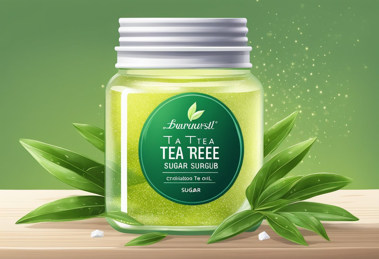 A glass jar filled with tea tree oil and sugar scrub, surrounded by fresh tea tree leaves and a sprinkle of sugar