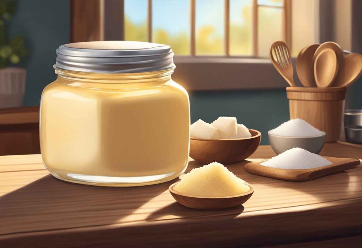 A jar of shea butter and sugar sits on a wooden table, surrounded by various ingredients and utensils. The sunlight streams in through a nearby window, casting a warm glow on the scene
