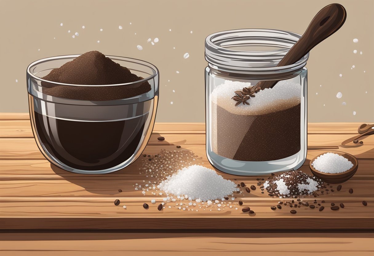 A glass jar filled with sea salt and coffee scrub sits on a wooden table. A spoon is scooping out the mixture, with coffee grounds and salt crystals visible