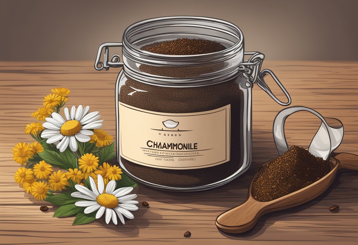 A jar of chamomile and coffee scrub sits on a rustic wooden table, surrounded by loose coffee grounds and dried chamomile flowers