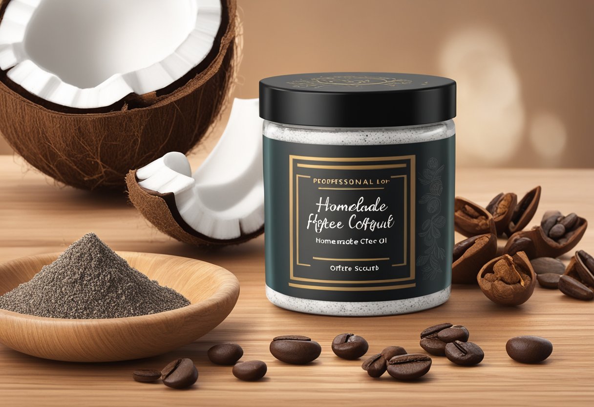 A jar of homemade coffee scrub sits on a wooden table, surrounded by ingredients like frankincense and coconut oil. The rich aroma fills the air, promising a luxurious and invigorating spa experience