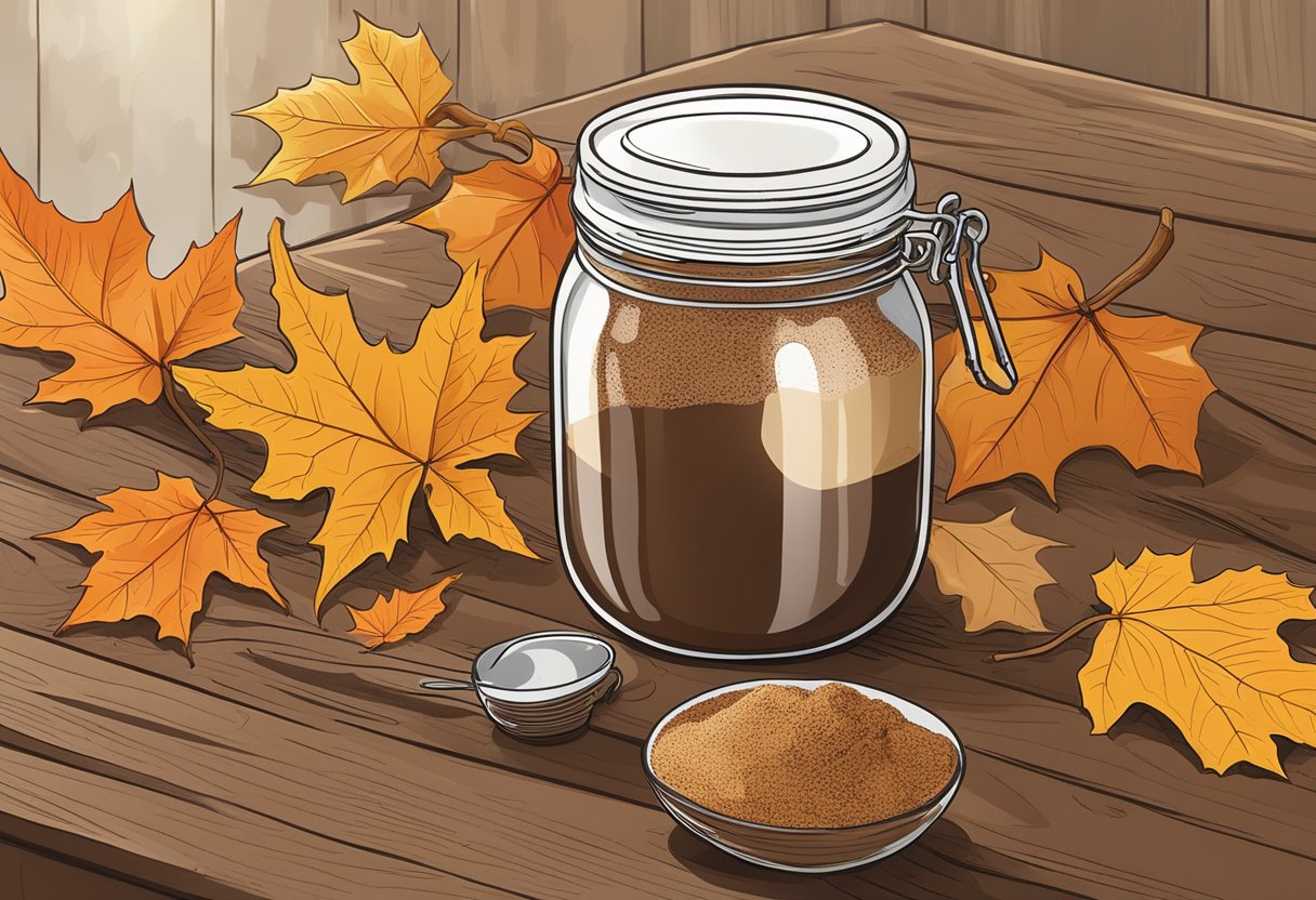 A jar of homemade coffee scrub sits on a rustic wooden table, surrounded by autumn leaves and a steaming mug of pumpkin spice latte