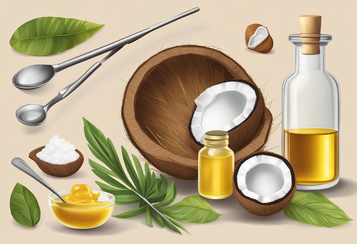 A table with ingredients (coconut oil, beeswax, essential oil) and utensils (measuring spoons, small pot, stirring stick) for DIY lip balm