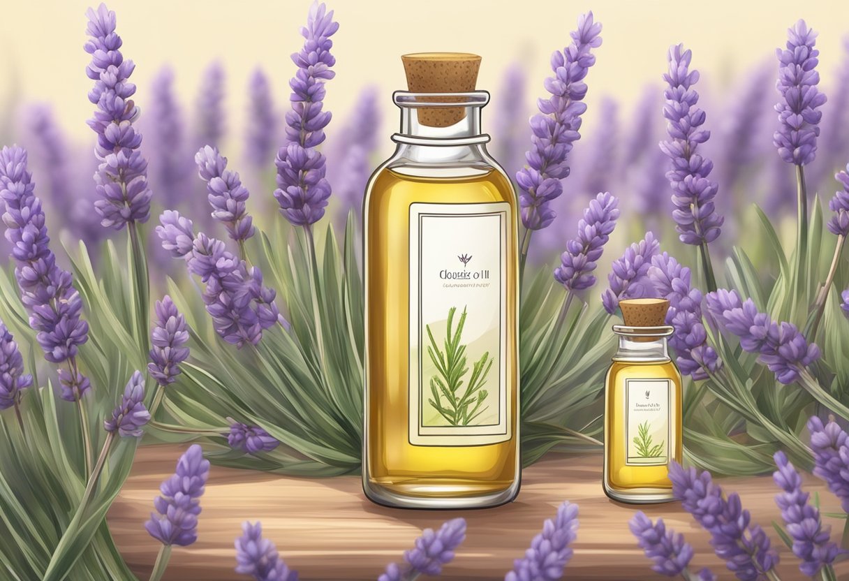 A small glass bottle of cuticle oil surrounded by lavender and jojoba plants, with essential oil bottles in the background
