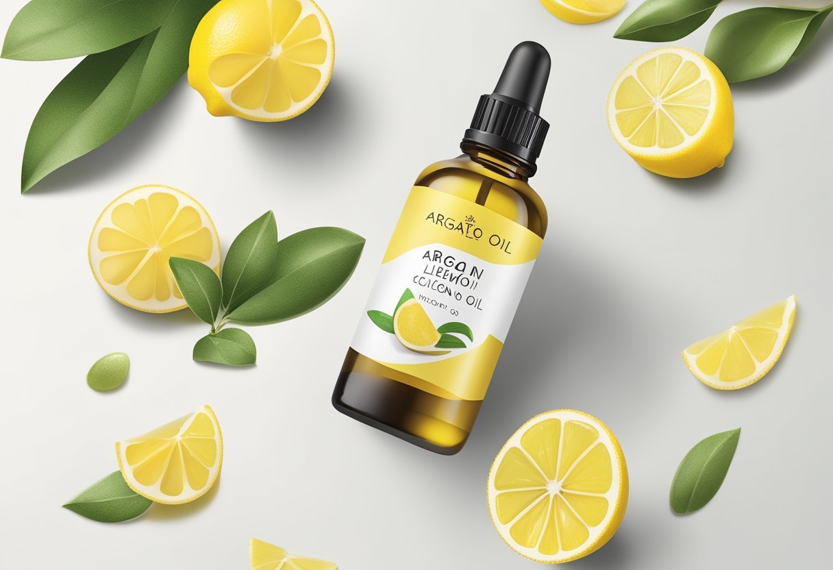 A small bottle of Argan Oil and Lemon Cuticle Oil sits on a clean, white surface. The label is bright and inviting, with a hint of citrus scent in the air