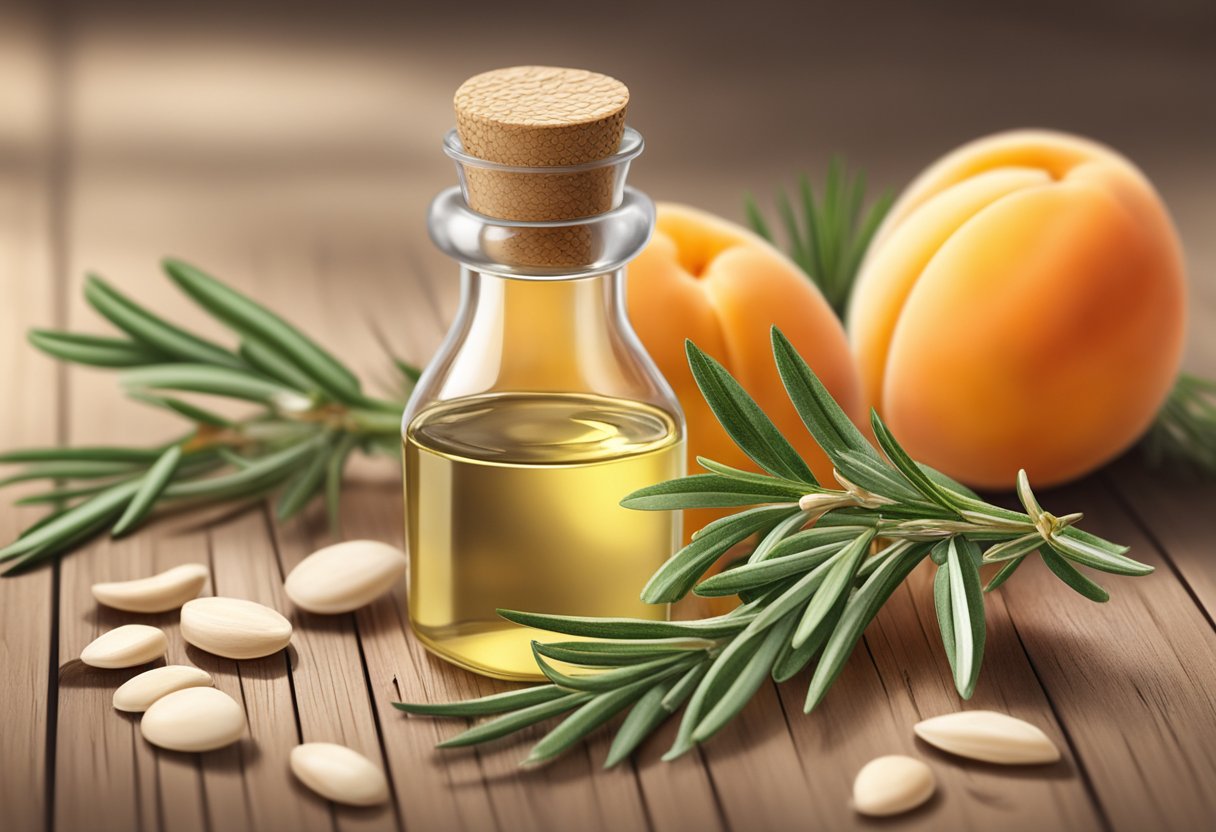 A small bottle of apricot kernel oil and rosemary cuticle oil sits on a wooden table, surrounded by fresh rosemary sprigs and apricot kernels