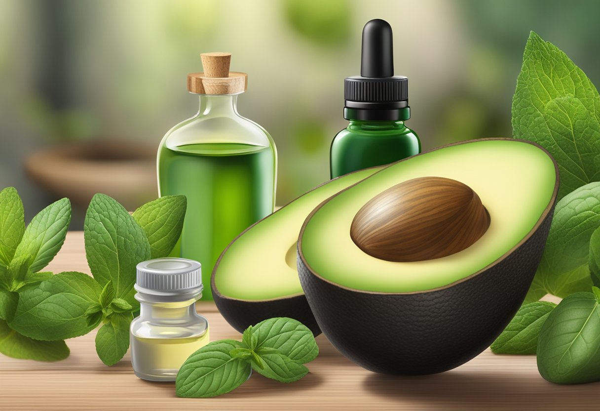 A small bottle of avocado oil and peppermint cuticle oil sits on a wooden table surrounded by essential oils and herbs