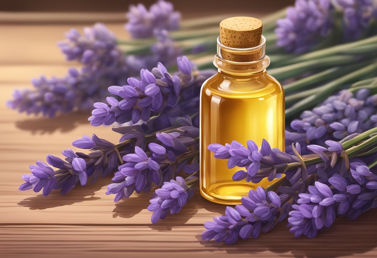 A small glass bottle with a dropper filled with golden Castor oil and lavender essential oil sits on a wooden surface surrounded by fresh lavender sprigs and castor beans