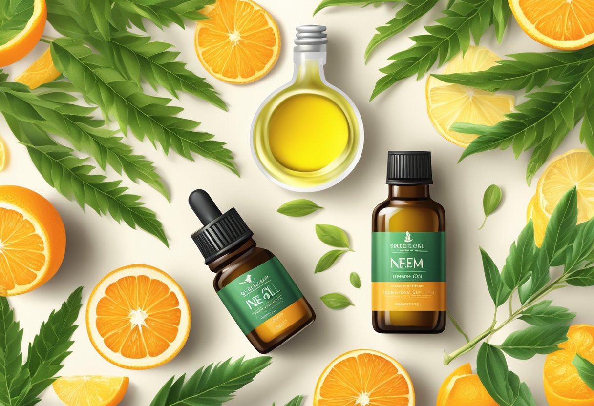 A small bottle of neem oil and orange essential oil on a table, surrounded by various ingredients and containers. Bright light illuminates the scene