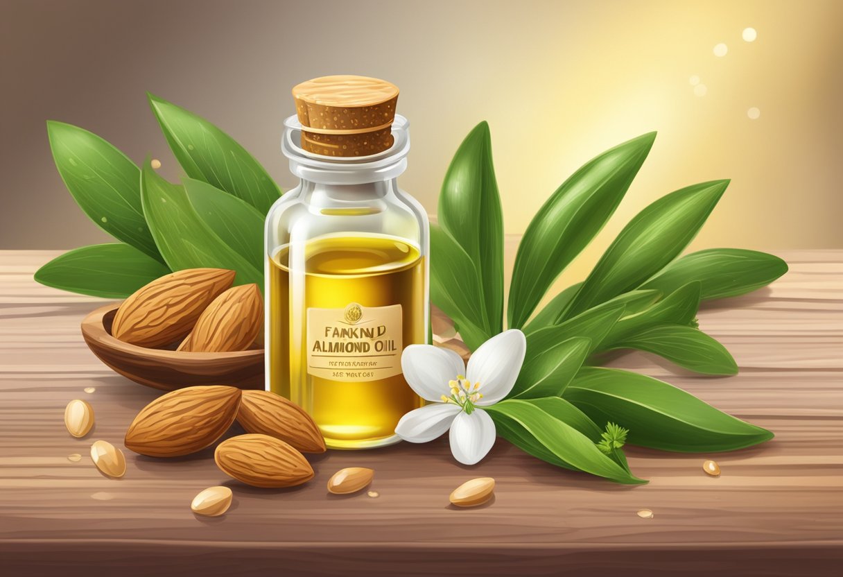 A small bottle of sweet almond oil and frankincense sits on a wooden table, surrounded by droplets of oil and sprigs of fresh herbs