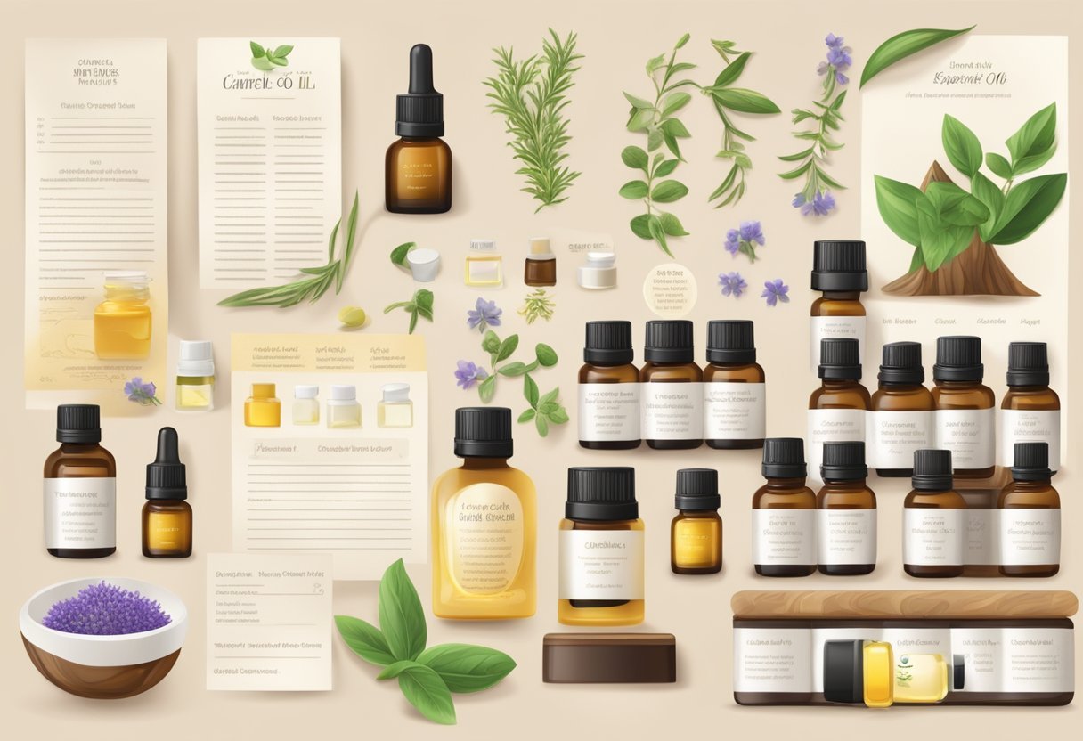 A table with various essential oils, carrier oils, and small bottles. Labels with cuticle oil recipes and FAQ sheet nearby