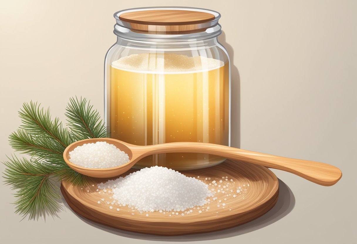 A wooden spoon pours fragrant bath salts into a glass jar, surrounded by cedarwood and vanilla