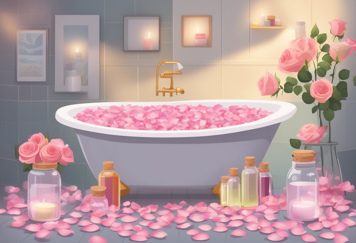A bathtub filled with rose petals and milk, surrounded by jars of homemade bath salts and essential oils