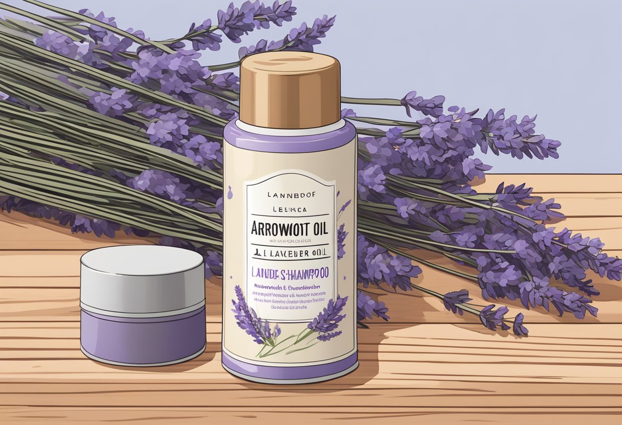 A jar of arrowroot and lavender oil dry shampoo sits on a wooden surface with scattered lavender flowers. A light-haired model's head is implied in the background