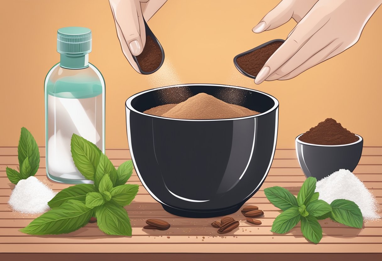 A dark-haired person sprinkles cocoa powder and adds peppermint oil to a bowl, creating homemade dry shampoo. Ingredients are laid out on a table
