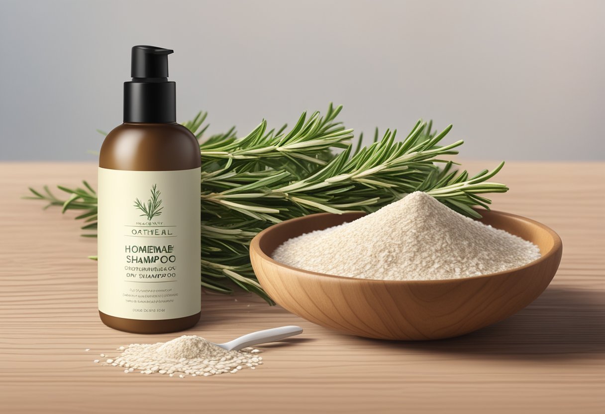 A bottle of homemade dry shampoo sits next to a sprig of rosemary on a wooden surface, with a bowl of oatmeal in the background