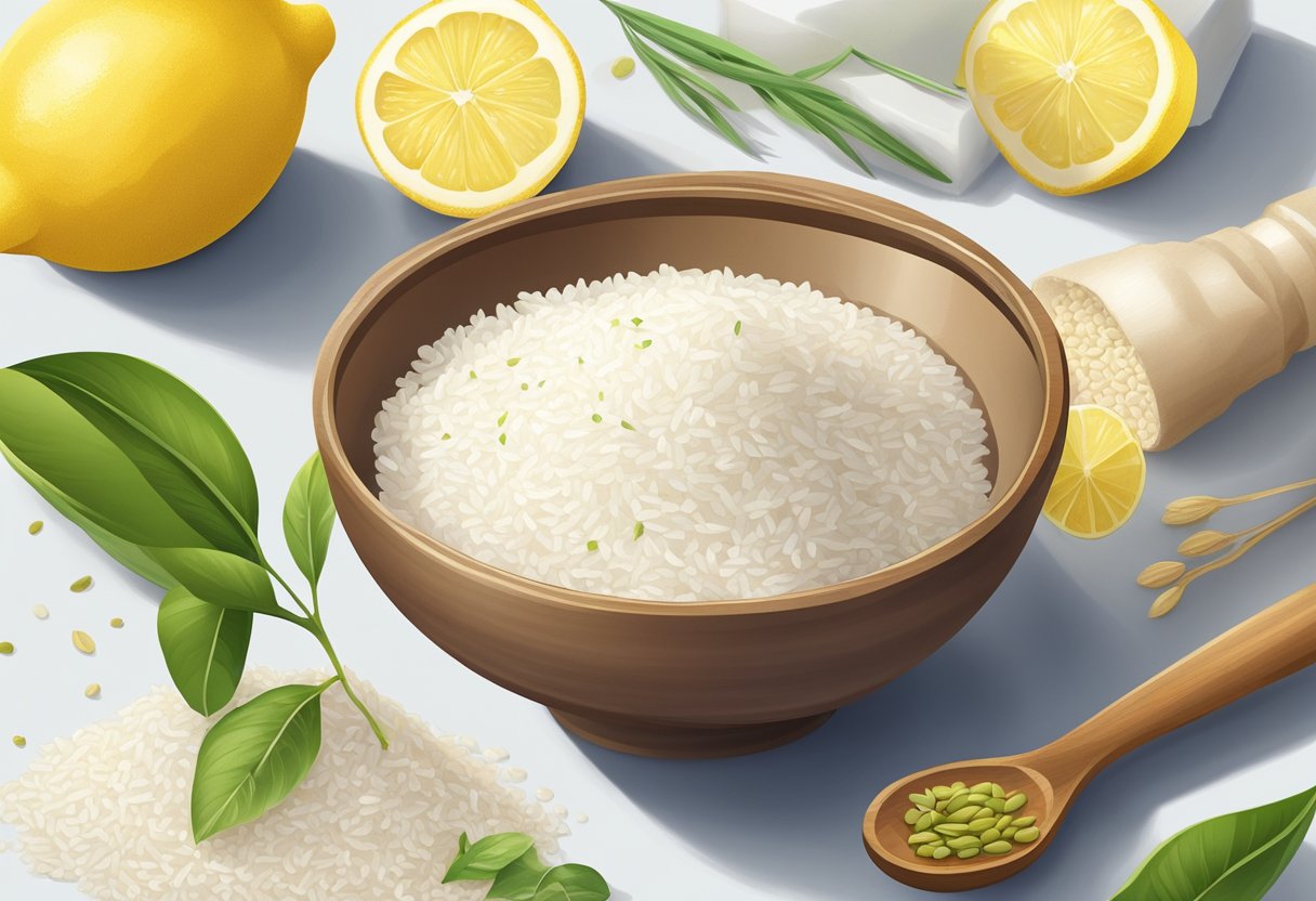 A small bowl of rice flour and a bottle of lemon oil sit on a clean, bright surface, surrounded by other natural ingredients