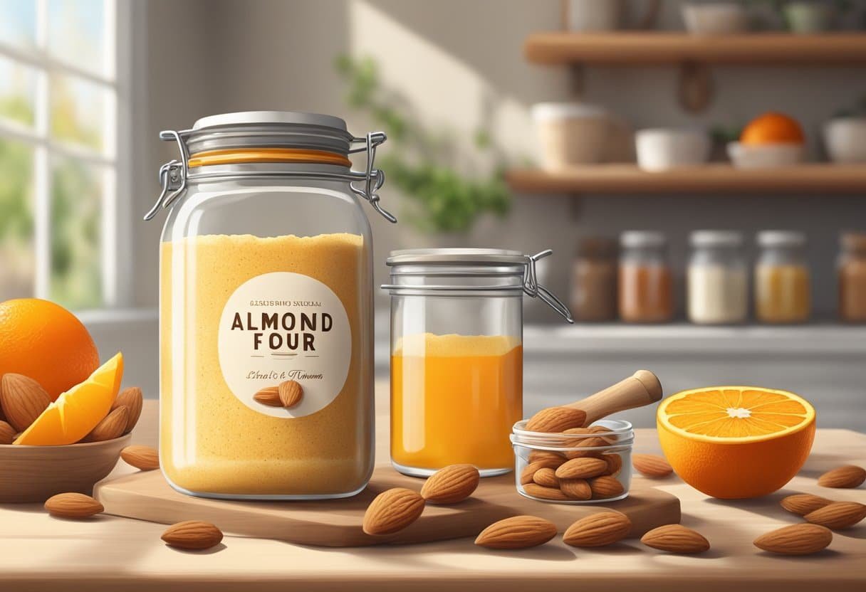 A jar of almond flour and a bottle of orange oil sit on a table, surrounded by various ingredients and utensils. The room is filled with natural light, creating a bright and inviting atmosphere