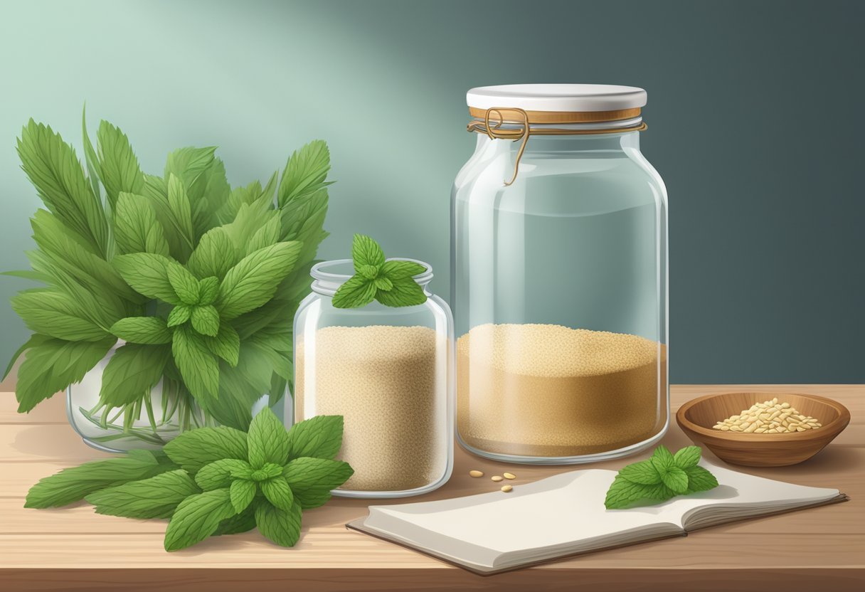 A glass jar filled with barley flour and peppermint sits on a wooden table, surrounded by ingredients and a recipe book