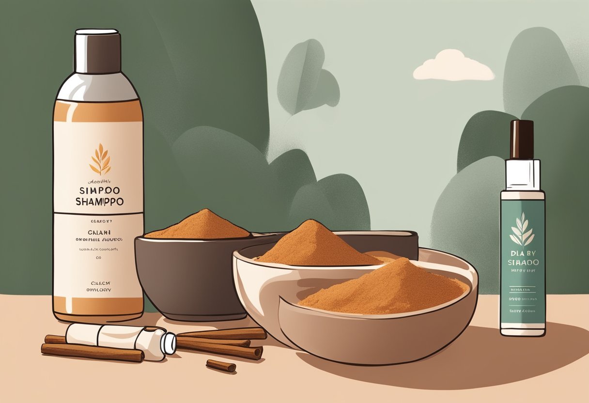 A small bowl of red clay mixed with cinnamon oil sits next to a bottle of dry shampoo. The warm tones of the ingredients create a cozy and inviting scene for an illustrator to recreate