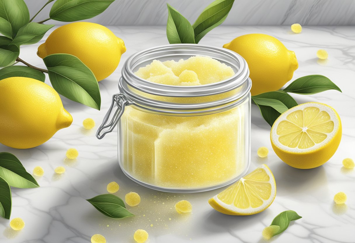 A glass jar filled with lemon and sugar scrub sits on a white marble countertop, with fresh lemons and sugar scattered around