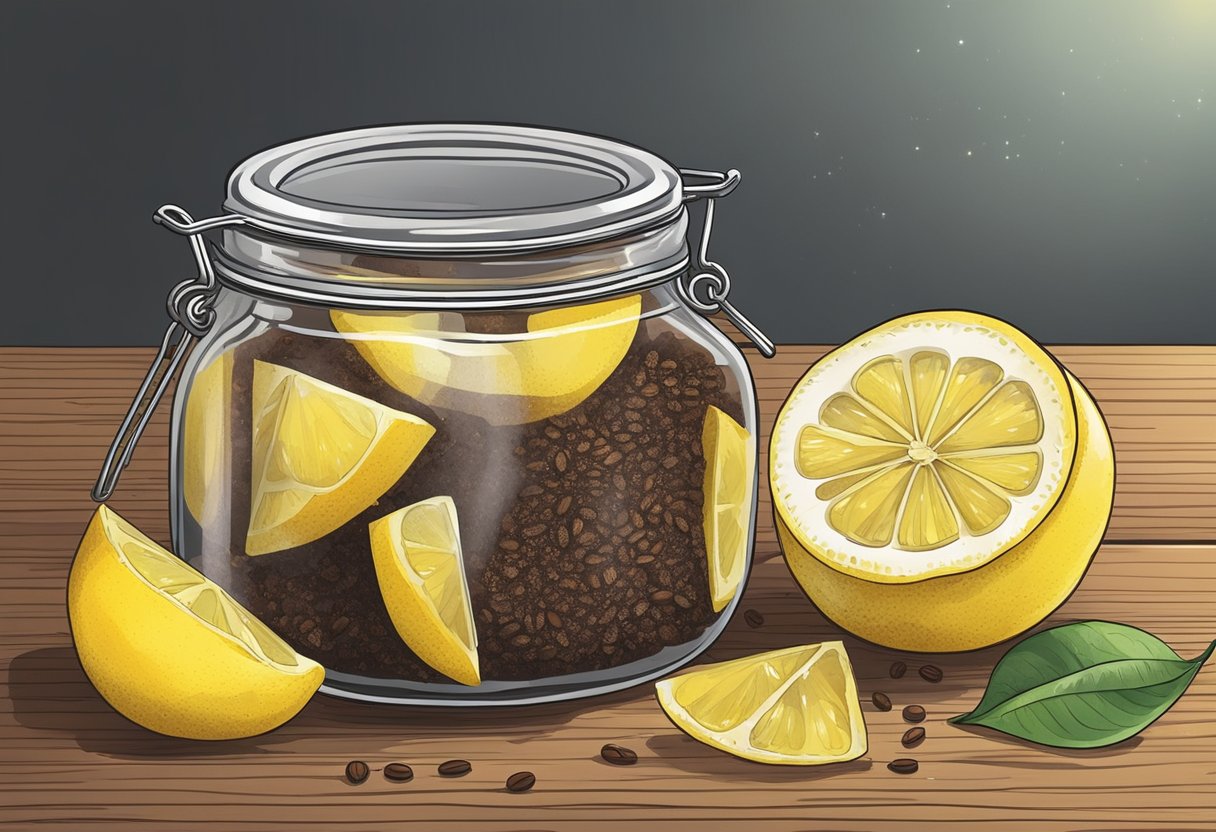 A glass jar filled with lemon slices, sugar, and coffee grounds sits on a wooden table, ready to be mixed into a revitalizing scrub