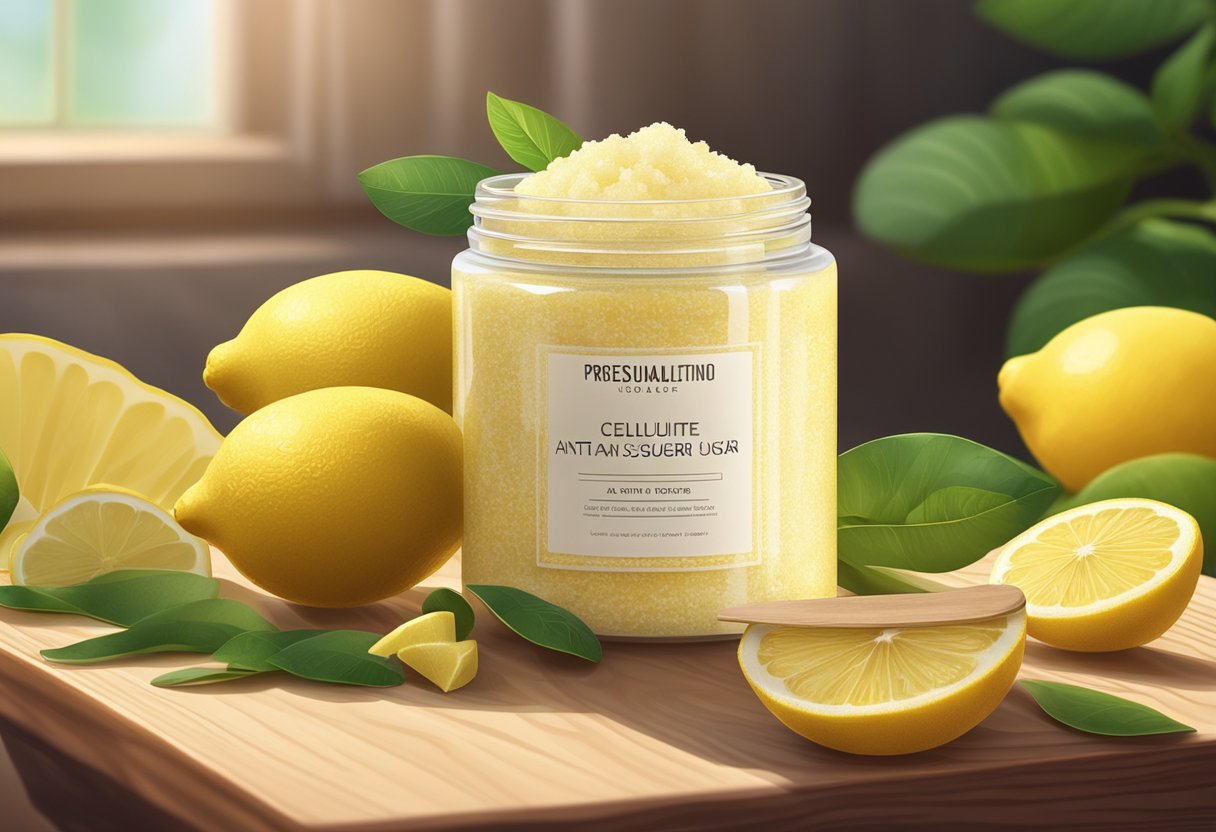 A jar of anti-cellulite sugar scrub sits on a wooden table, surrounded by fresh ginger and lemons. The sunlight streams in, casting a warm glow on the ingredients