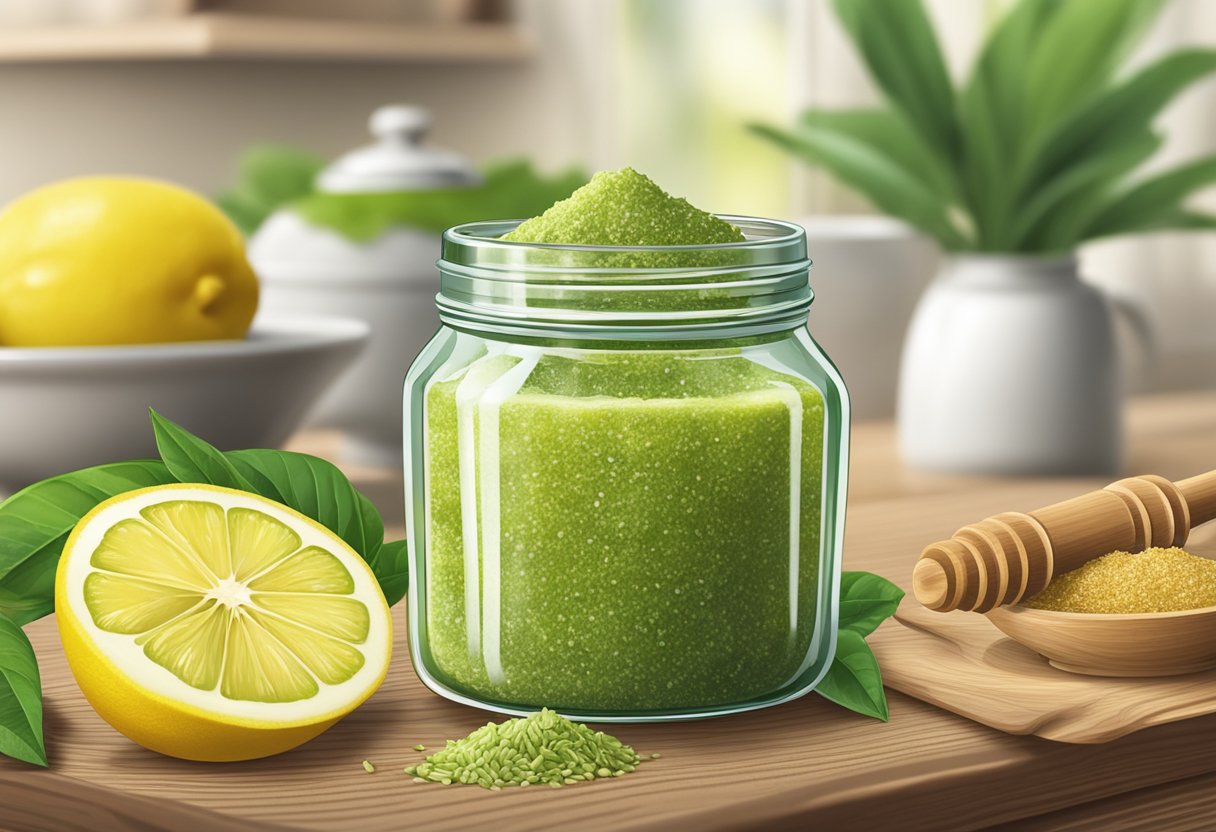 A glass jar filled with green tea and brown sugar scrub sits on a wooden table surrounded by fresh ingredients like lemons and honey