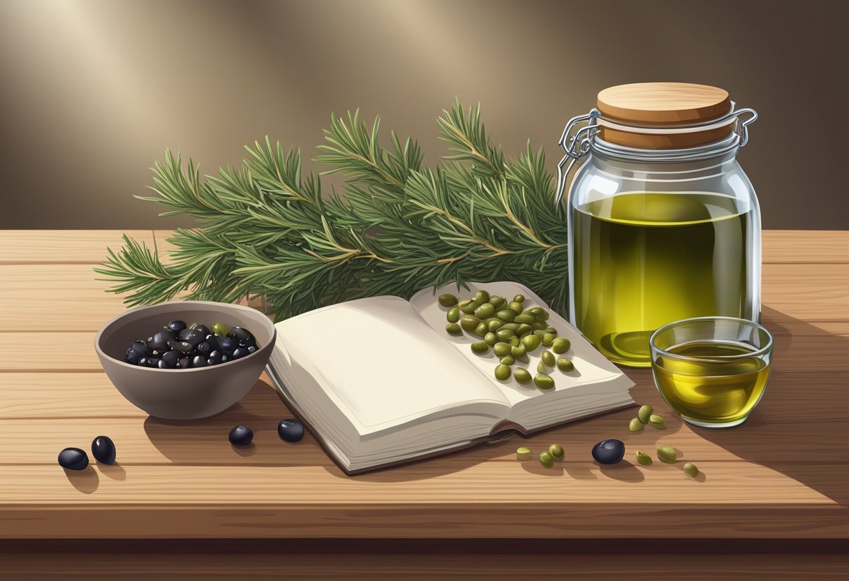 A glass jar filled with juniper berries and olive oil sits on a wooden table, surrounded by various ingredients and a recipe book