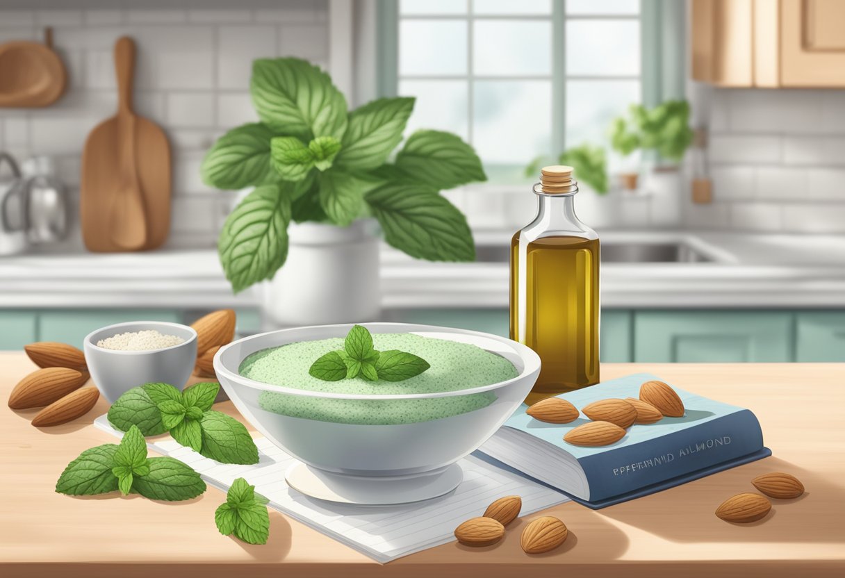 A bowl filled with peppermint and almond oil scrub, surrounded by ingredients and a recipe book on a clean, well-lit kitchen counter