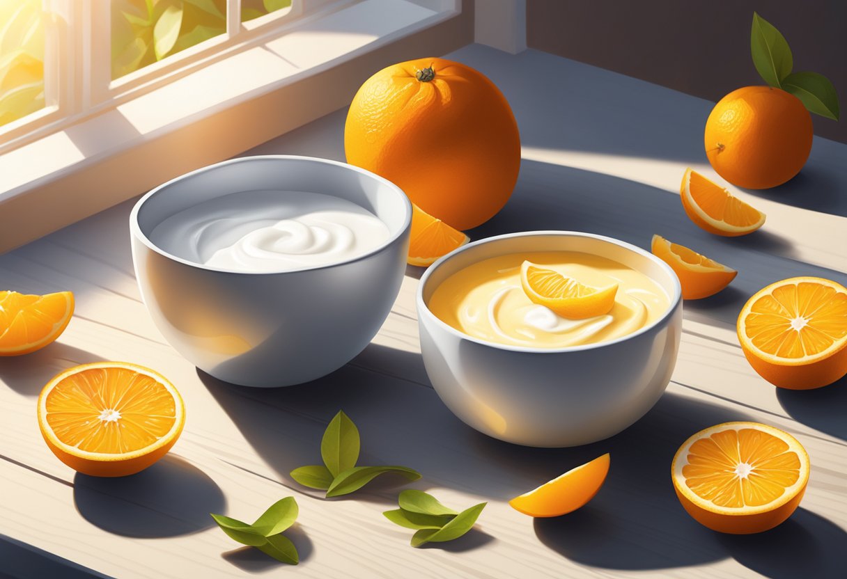 A bowl of orange peel and yogurt scrub sits on a wooden table, surrounded by fresh oranges and yogurt. The sunlight streams in through a nearby window, casting a warm glow on the ingredients