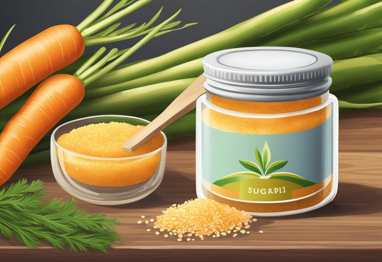 A small glass jar filled with carrot seed oil and sugar scrub sits on a wooden table, surrounded by fresh carrots and sugar cane