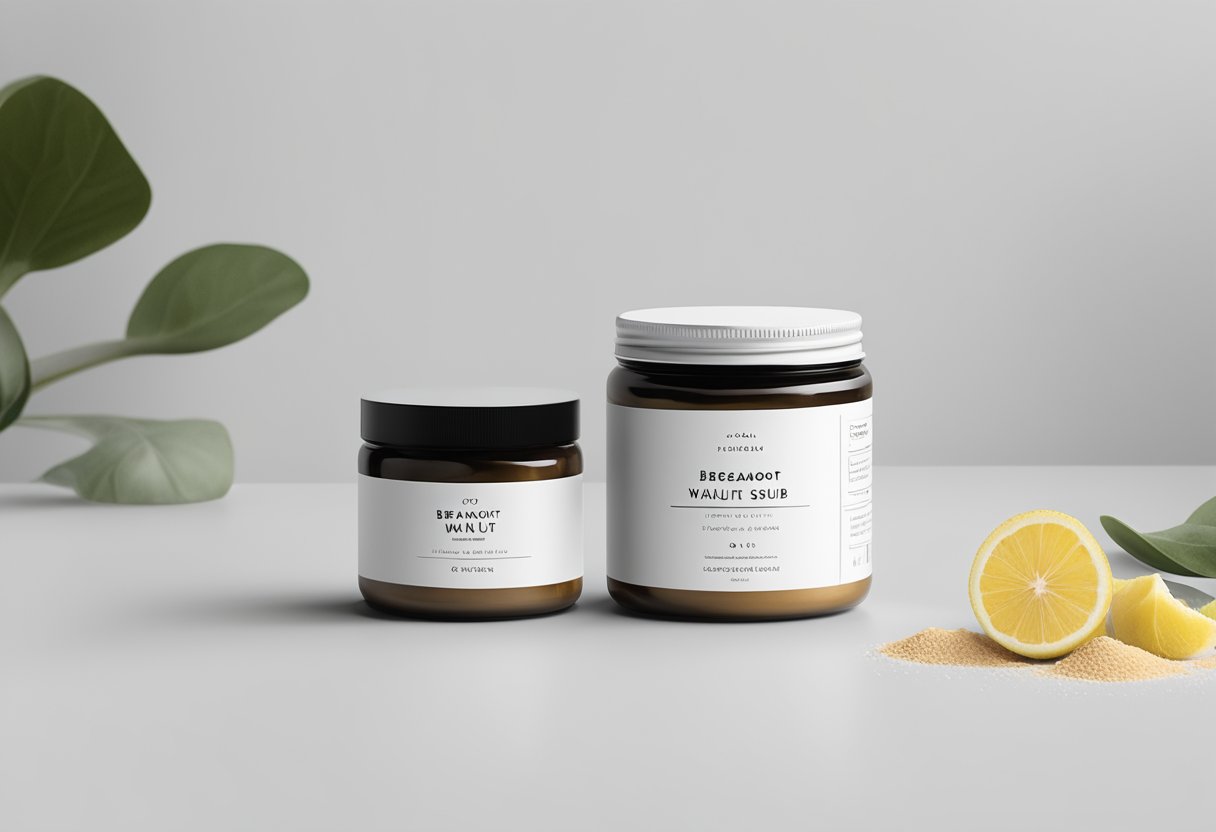 A jar of bergamot and walnut shell scrub sits on a clean, white surface. The label is clean and minimalist, with a hint of natural elements