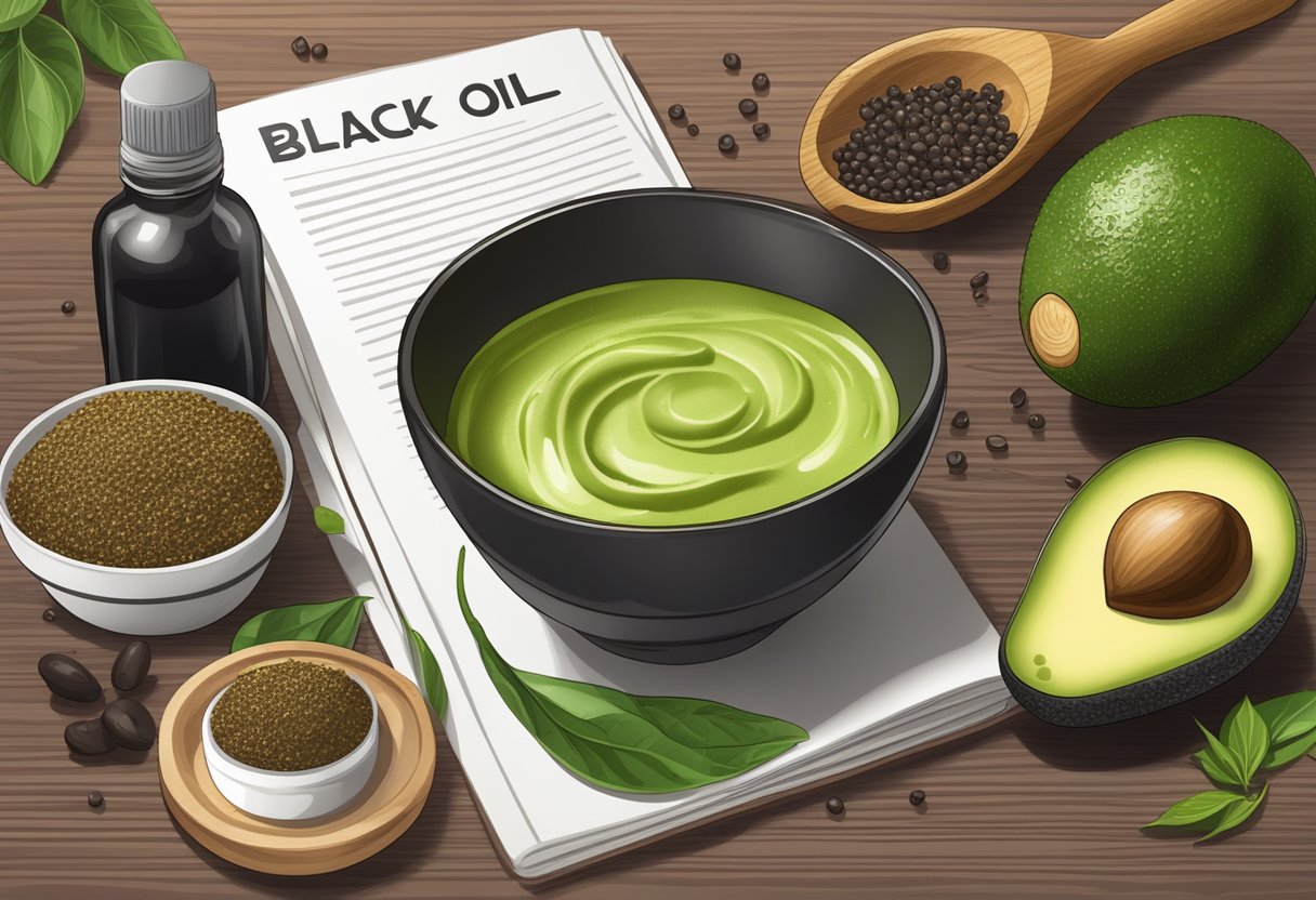 A bowl of black pepper and avocado oil scrub sits on a wooden table, surrounded by ingredients and a recipe book