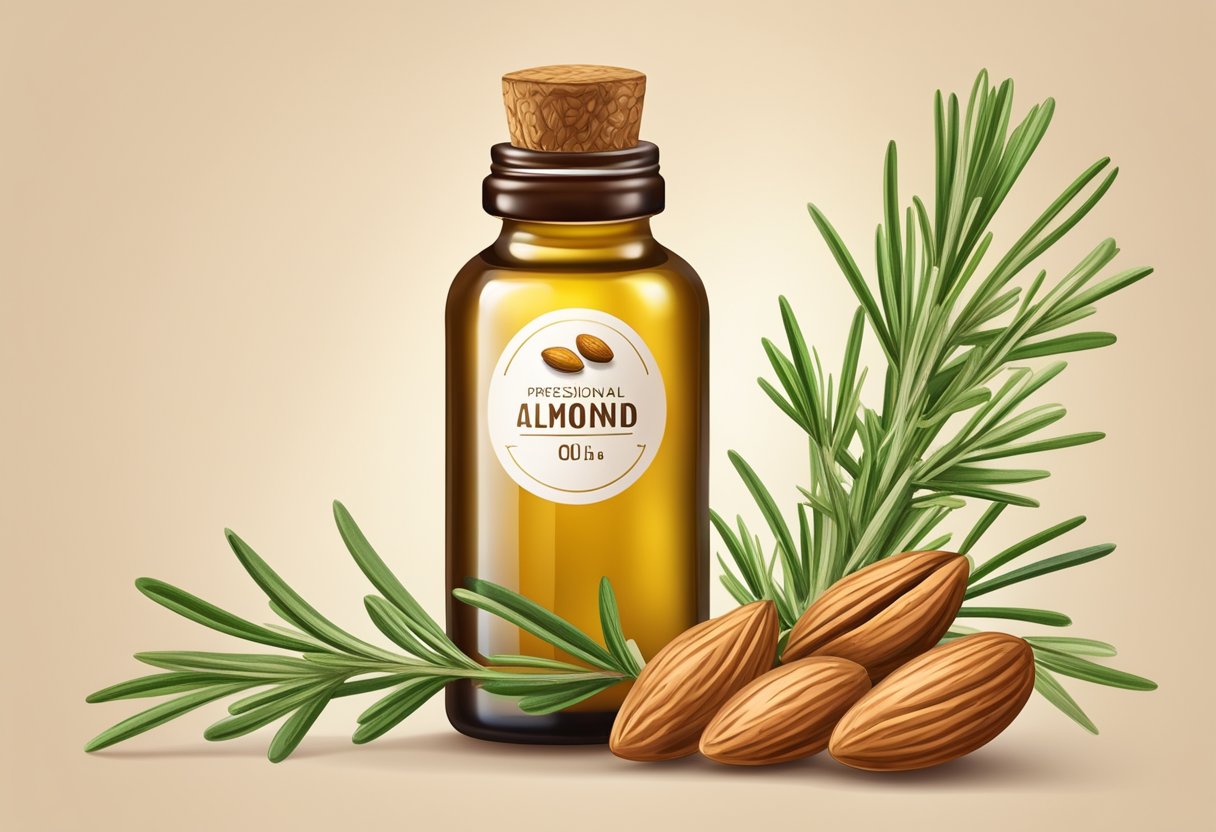 A small glass bottle with a dropper containing almond oil and rosemary essential oil, surrounded by fresh rosemary sprigs and almonds