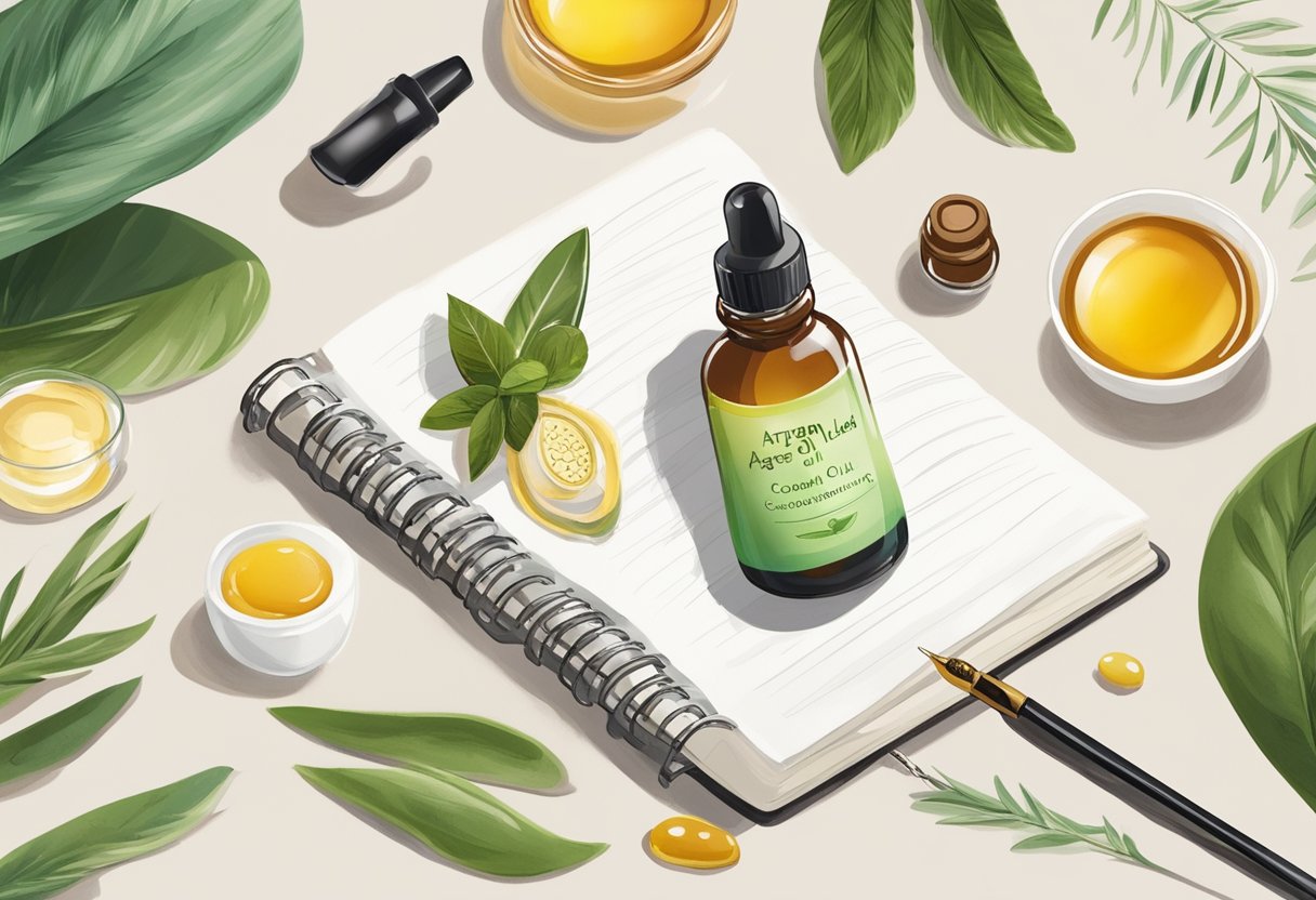 A small glass bottle with a dropper containing Argan Oil and Tea Tree Oil lash conditioning serum, surrounded by ingredients and a notebook with DIY recipes