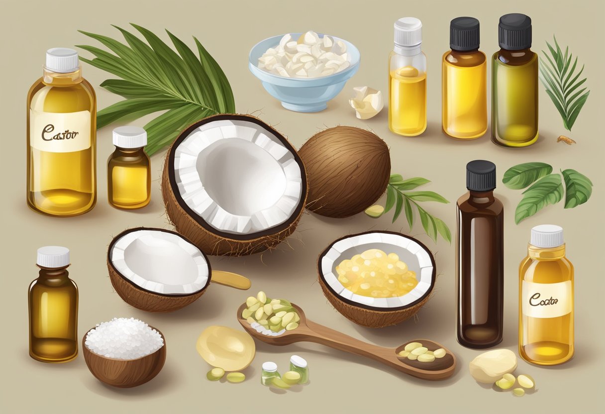A table with various ingredients like castor oil, coconut oil, and vitamin E oil, along with small bottles, labels, and a mixing bowl
