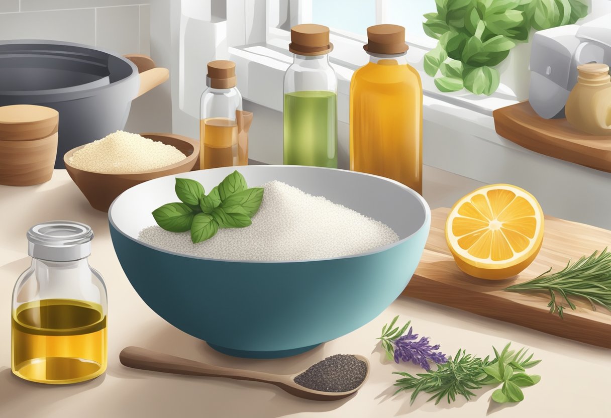 A variety of ingredients and tools are scattered on a clean, well-lit kitchen counter. A mixing bowl, essential oils, Epsom salt, and herbs are arranged neatly for making homemade foot soak recipes