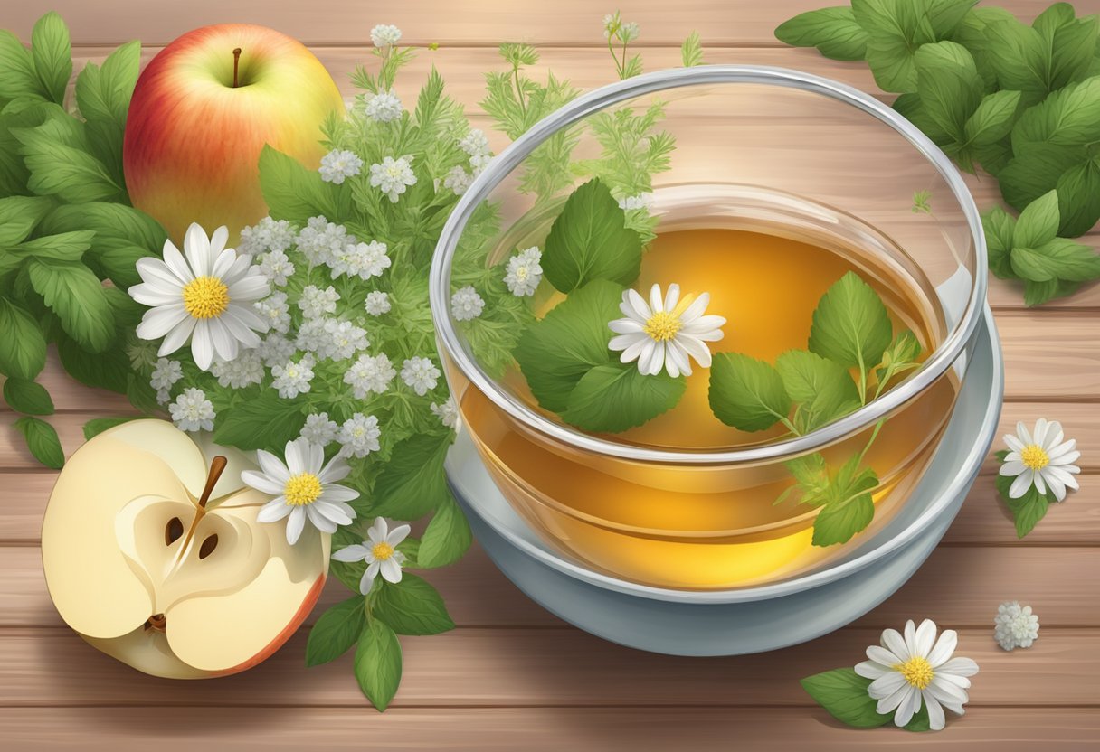 A clear bowl filled with Epsom salt and apple cider vinegar sits on a wooden surface, surrounded by fresh herbs and flowers
